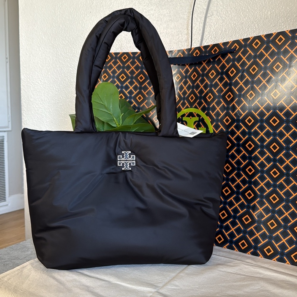NWT Tory Burch 167626 Britten Nylon Puffy Tote Black Silver Logo Bag